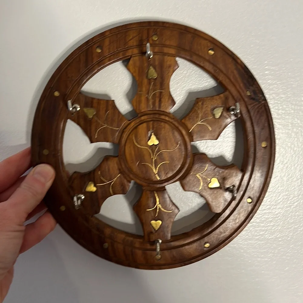 Vintage Boho Inlaid Brass and Wood Wall Key Hanger / Jewelry Hanger.